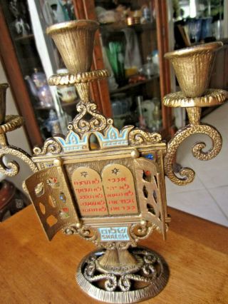 Vintage Brass Hen Holon Candle Stick Holder W/opening Doors To 10 Commandments,