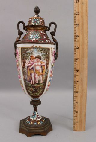 Antique Victorian Italian Capodimonte Porcelain & French Bronze Champlev Urn