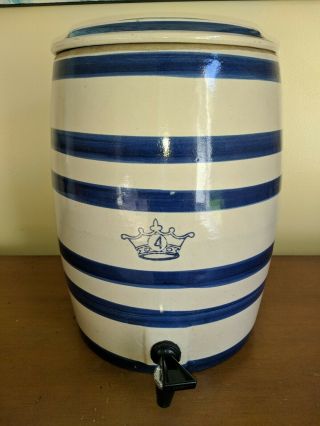 Stoneware Crock Water Jug Blue Stripe Crown 4 Gallon Lid,  Dispenser
