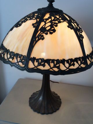 Bradley Hubbard Arts Crafts Mission Victorian Slag Glass Antique Lamp Handel Era