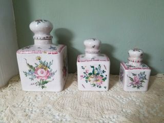 3 Antique French Veuve Perrin Marked Perfume Bottles Tin Glazed Faience Pottery
