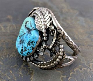 Large Vintage Navajo Sterling Silver Turquoise Cuff Bracelet Signed F.  S. 3