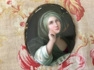 Antique French 19th Century Hand Painted Porcelain Plaque Miniature Madonna Mary