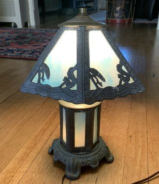 Antique Blue Slag Glass Lamp With Lighted Base Squirrel Design Shade