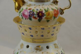 Antique Old Paris 19th Century Veilleuse Tisaniere Dresden Flowers 4pc Gold 3