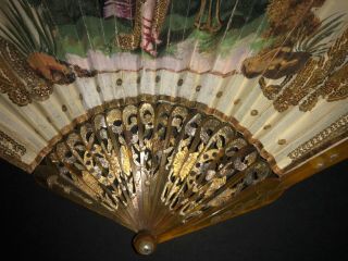 RARE ANTIQUE FRENCH EMPIRE CARVED HORN GOLD GILT EMBROIDERED FIGURAL SCENE FAN 2