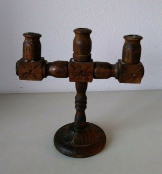 Vintage Spanish Colonial Revival Mexican Folk Art Wood Three Candle Candelabra