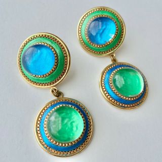 Vintage 2 1/4 " Dangle Green Blue Glass Retro Enamel Gold Tn Pierce Earrings 1053