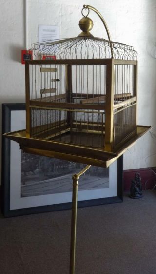 Vintage Brass Bird Cage with Matching Brass Stand 3