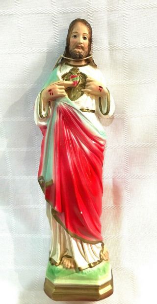 Vintage Chalkware Sacred Heart Of Jesus Figurine Statue Italy Catholic