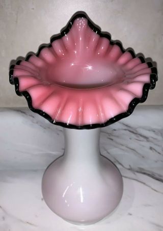 Vintage Fenton Art Glass Black Rose Crest Ruffled Vase 8” Tall