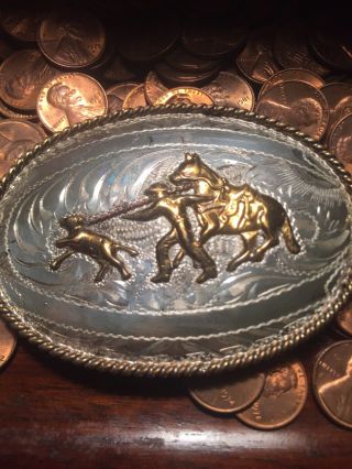 Vintage Sterling Silver Nickle Belt Buckle Horse Cowboy Western America Roping