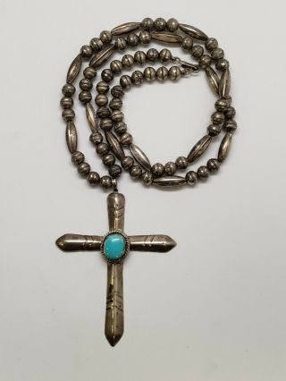 Heavy Vintage Navajo Silver Cross With Blue Turquoise Pendant And Necklace 27 "