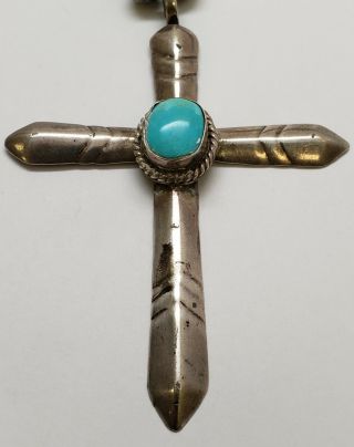 Heavy Vintage Navajo Silver Cross with Blue Turquoise Pendant and Necklace 27 
