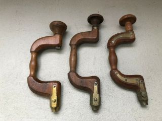 Set Of 3 Antique Vintage Brass And Wood Hand Brace Drill