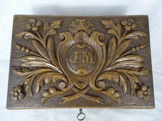 Antique Black Forest Large Carved Wood Trinket Box Monogram Jm 1926 - With Key