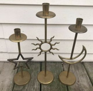 Vintage Brass Celestial Candle Stick Holders 12.  5” Star 14.  5” Moon 16.  5” Sun