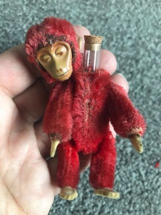 Schuco Perfume Monkey Red Mohair Plush Mini 3” Glass Vial Cork C1920s Vtg Rare