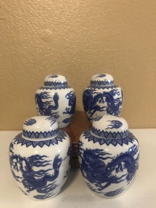 4 Mini Ginger Jars - Blue And White - About 5 " With Lid