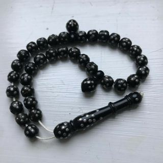 Fine Vintage Natural Black Coral Rosary - Tesbih Misbah Silver Inlaid 33 Beads