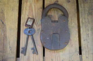 Vintage Antique Huge Cast Iron Padlock With Two Keys