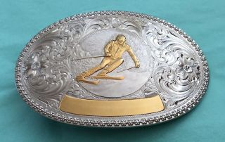 Vintage Facet Design,  Usa,  Snow Skiing Silver & Bronze Ski Belt Buckle