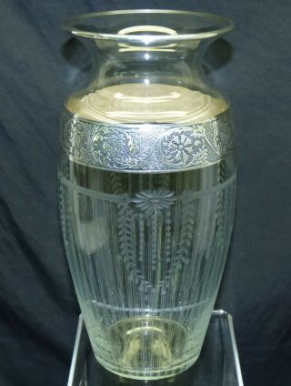 Antique Art Deco 11 " Wheel Cut Glass Vase W Sterling Silver Band Rim Unknown Mfg