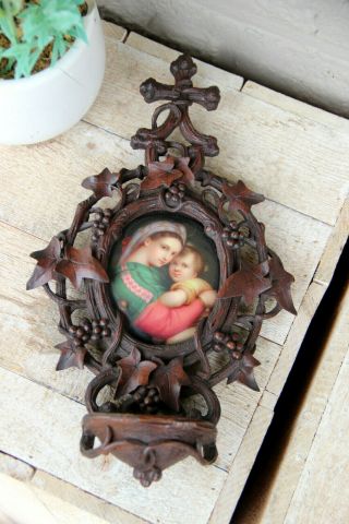 Antique Rare Black Forest Wood Carved Religious Holy Water Font Porcelain Plaque
