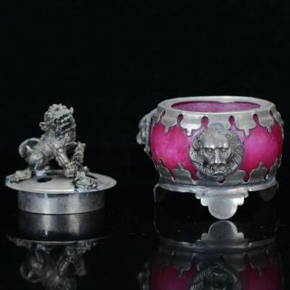 Chinese Silver Copper Inlaid Jade Handwork Lion Incense Burner