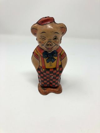 Vintage 1930s J Chein & Co Tin Litho Wind Up Toy Walking Winking Pig Usa