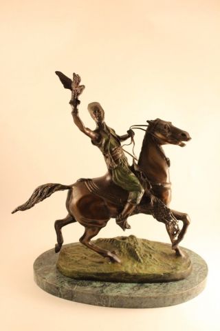 Vtg P.  J.  Mene Arab Horse Rider Mounted Falconeer Bronze Statue Sculpture Signed