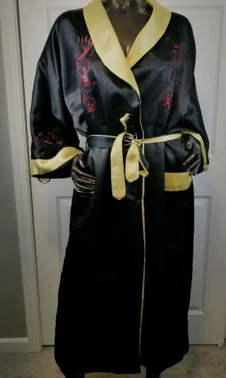 Vintage Black Gold Hand Embroidered Reversible Dragon Kimono Robe Xl Silk Pocket