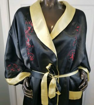 Vintage Black Gold Hand Embroidered Reversible Dragon Kimono Robe XL Silk Pocket 2