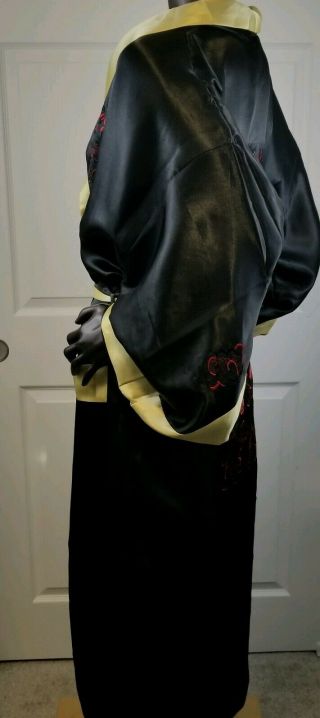 Vintage Black Gold Hand Embroidered Reversible Dragon Kimono Robe XL Silk Pocket 3
