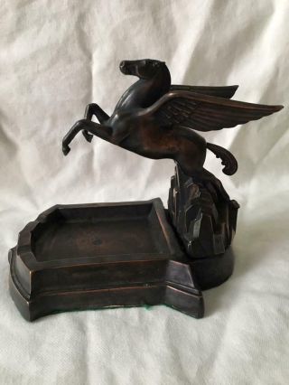Vintage Mobil Gas Bronze Pegasus Horse Desk Ashtray