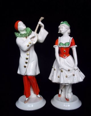 Vintage Art Deco Czech Royal Dux " Pierrette & Pierrot With Lute " Glazed Ceramic