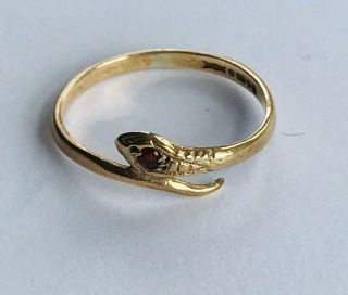 Dainty Vintage 9ct Gold Ring Snake With Garnet Stone