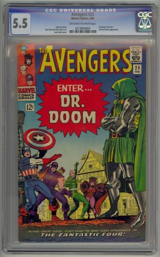Avengers 25 Cgc 5.  5 Ow To White 1966 Fantastic Four And Doctor Doom Appearance