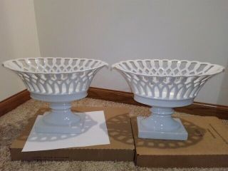 Matching Large Antique Va Portugal White Porcelain Reticulated Compotes