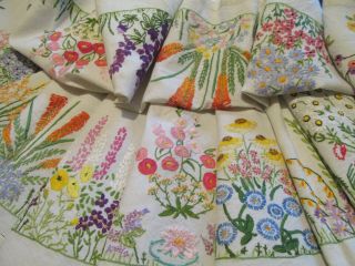 Vintage Hand Embroidered Linen Tablecloth - Exceptional Floral Detail Throughout