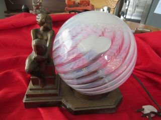 Vintage Art Deco Nude Woman Opalescent Swirl Glass Globe Lamp