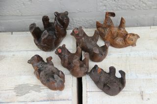 Set 6 Antique Black Forest Wood Carved Bears Laying Down Figurine