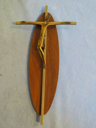 Vintage Mid - Century Modern Wood/brass Oval Crucifix