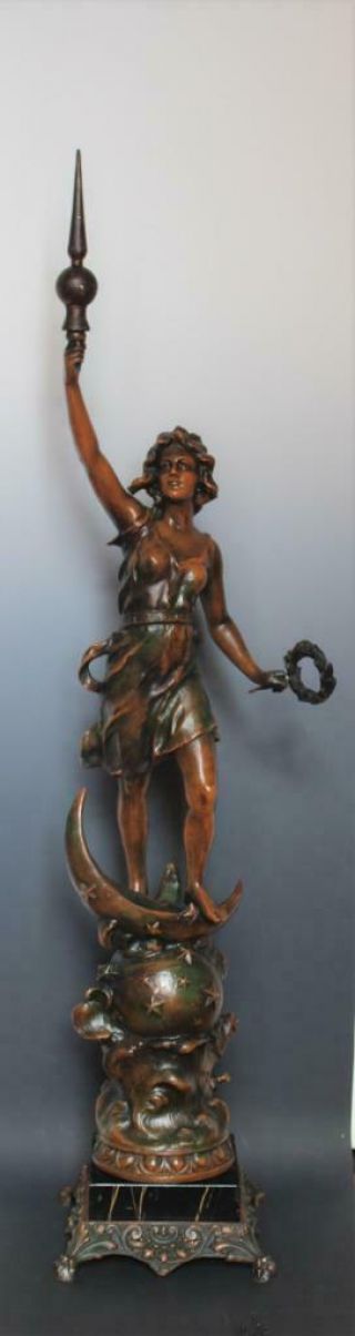 19c French Bronze Patina Figural Statue Of A Woman & Crescent Moon Newel Post