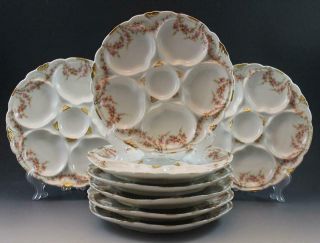 C1910 Theodore Haviland French Limoges Porcelain 8 Oyster Plates Rose Swags