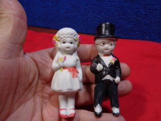 Vintage Miniature Bride & Groom Bisque Dolls Cake Topper Wedding Cake