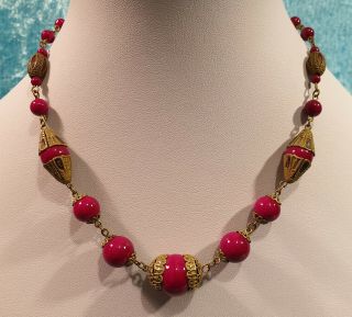 Rare Vintage Art Deco Max Neiger Czech Red Glass Bead & Enamelled Brass Necklace