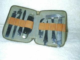 Vintage Utica Cutlery Co.  Ny Pocket Knife With 7 Piece Tool Set Leather Case