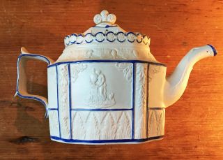 Rare Antique Castleford Feldspathic Blue And White Molded Stoneware Teapot