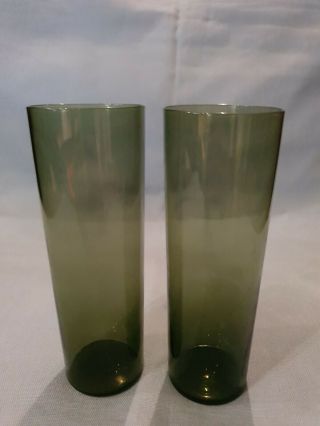 Vintage 1970s Set Of 2 Matching Fine Hand Blown Green Hi Ball Tumbler Glasses Gc